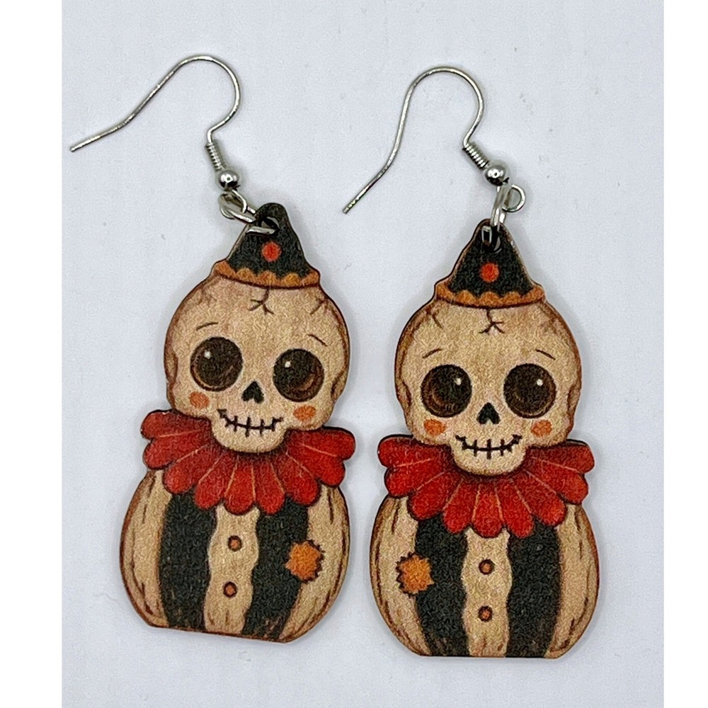 Unbranded Skeleton Clown Earrings OS Multicolor New Wood Dangle Halloween